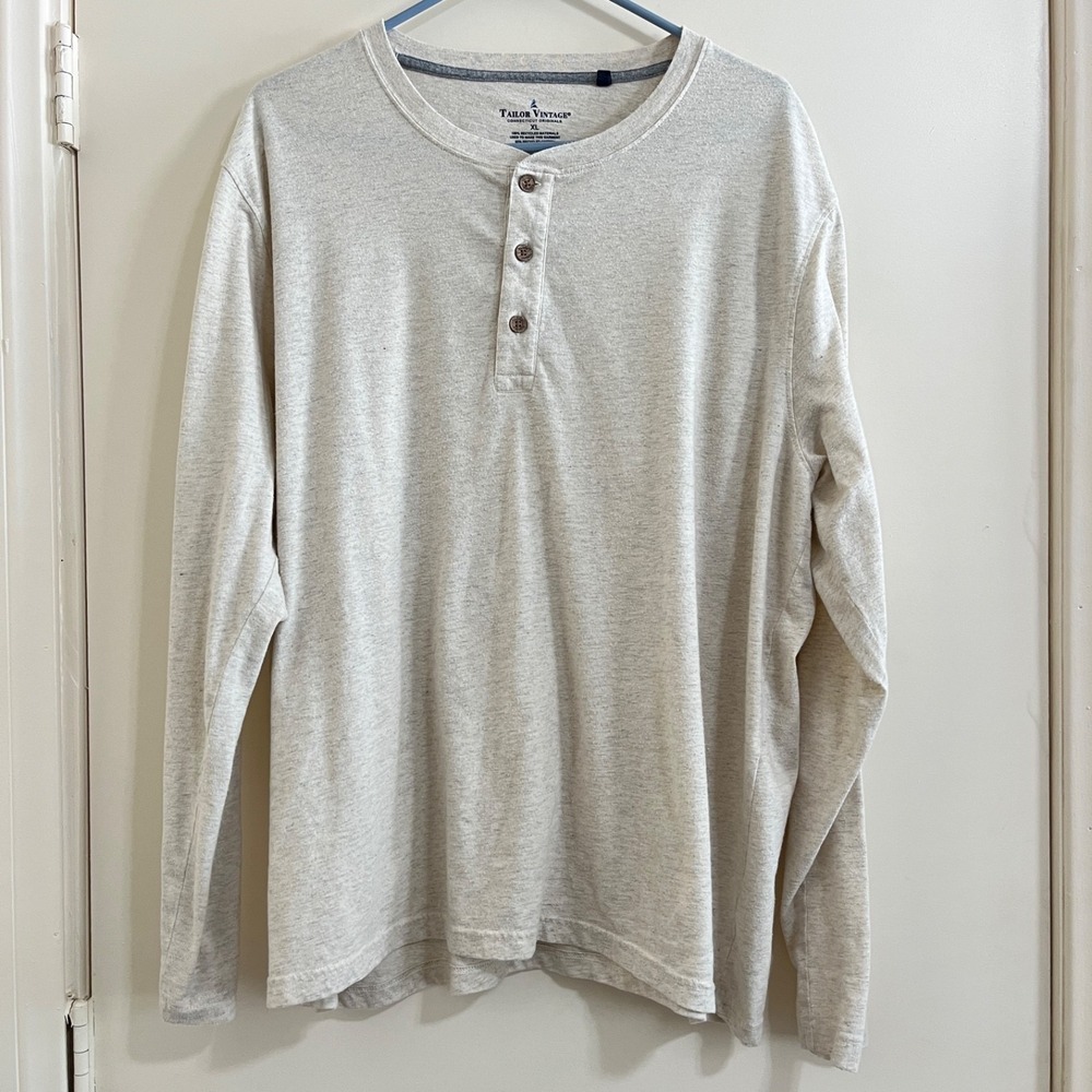 Tailor Vintage Mens Henley Shirt XL Ivory Long Sleeve Round Neck‎ Y2K Workwear